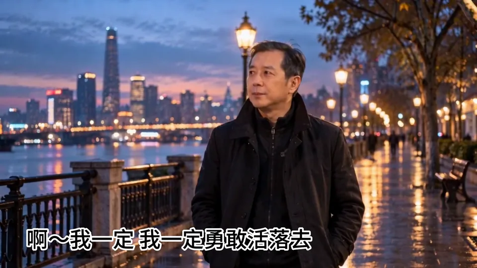 陳勝站在城市河岸夜景中的 AI 音樂故事 MV 畫面